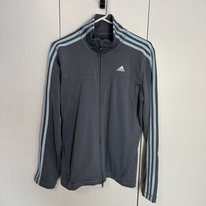 Adidas Women’s Full Zip Track Jacket 3 Stripes Sleeves Grey Blue Pockets Retro L